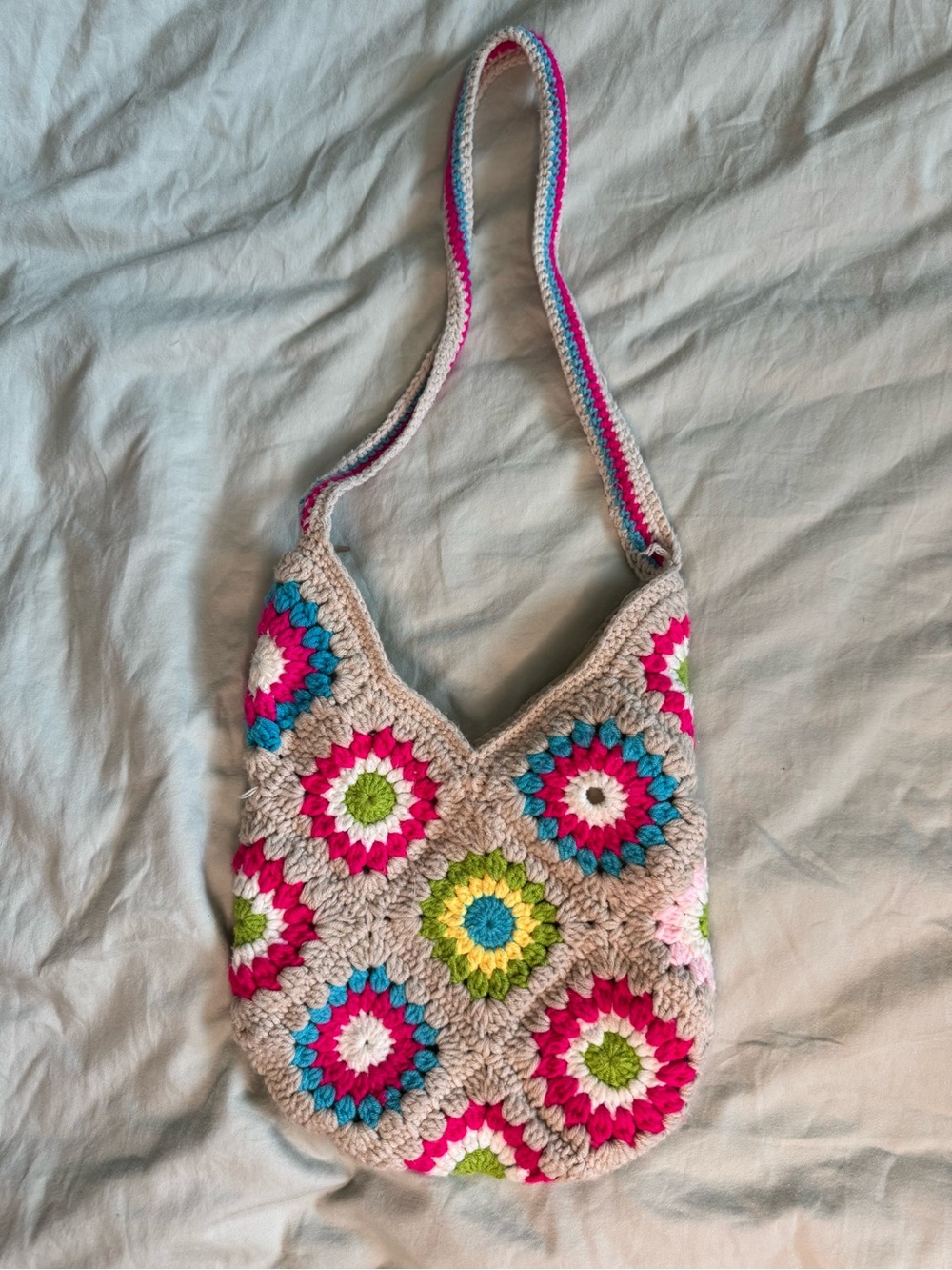 Handmade Crochet Shoulder Bag with Pink, Blue & Green Accents